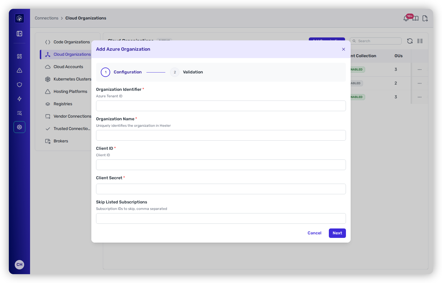 The client-secret Add Azure Organization form with Organization Identifier (tenant ID), Organization Name, Client ID, Client Secret, and Skip Listed Subscriptions fields.