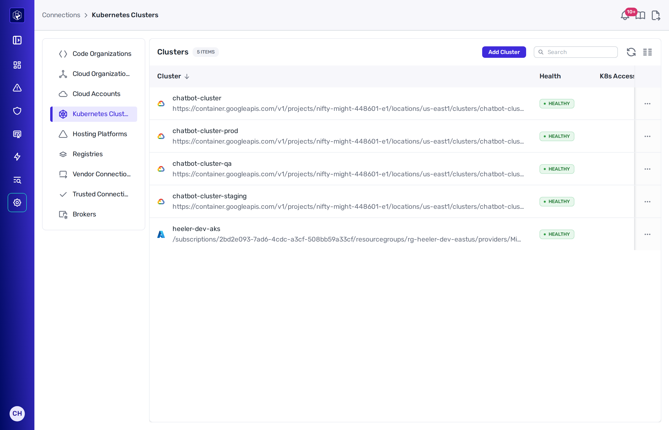 The Kubernetes Clusters list showing clusters with Health, K8s Access, Nodes, and Namespaces columns.