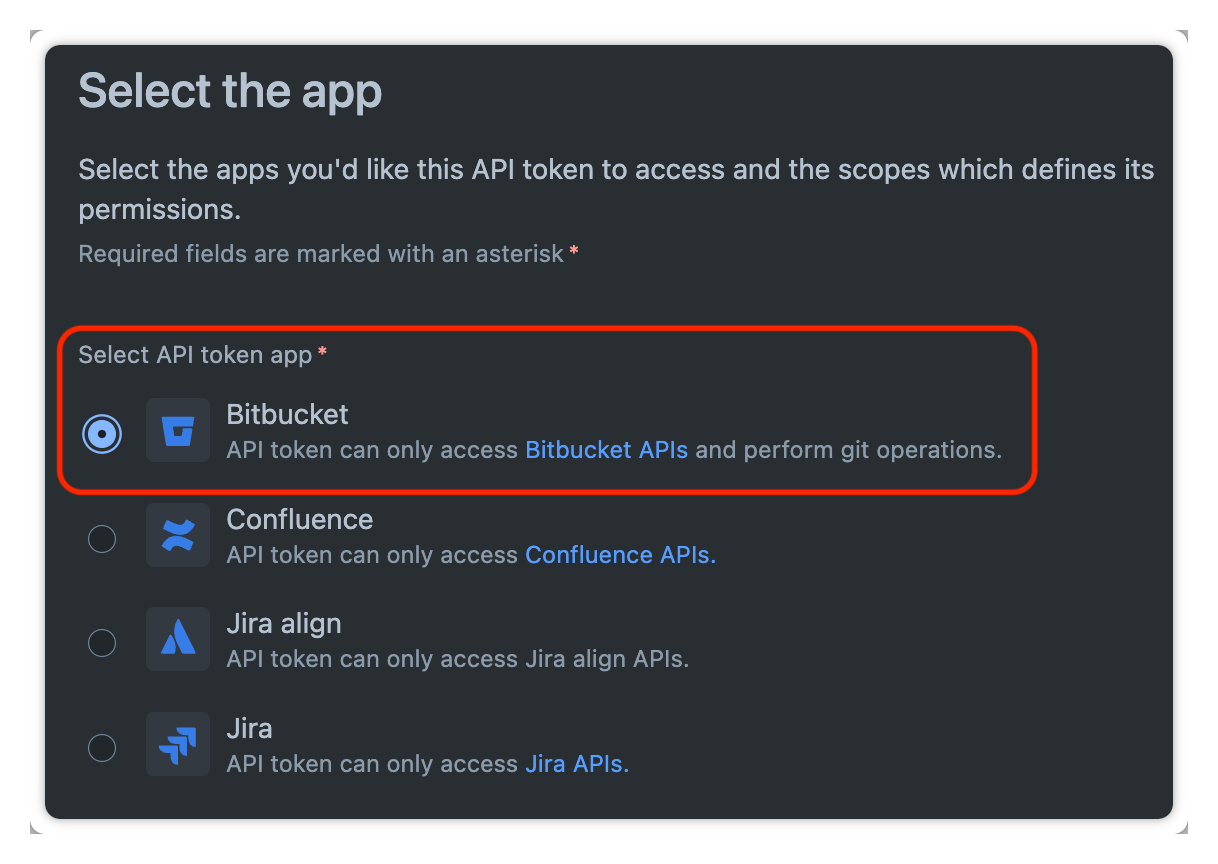 Selecting Bitbucket as the product for the API token.