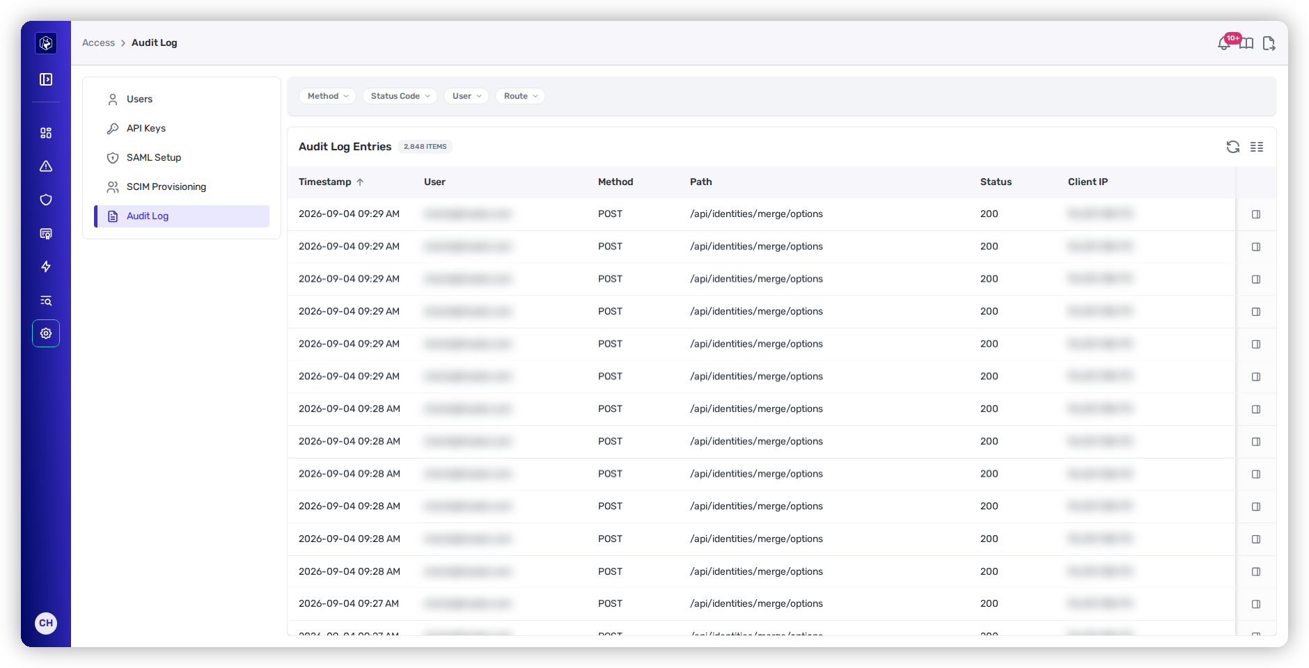 The Audit Log with columns for Timestamp, User, Method, Path, Status, and Client IP, and filters for Method, Status Code, User, and Route.