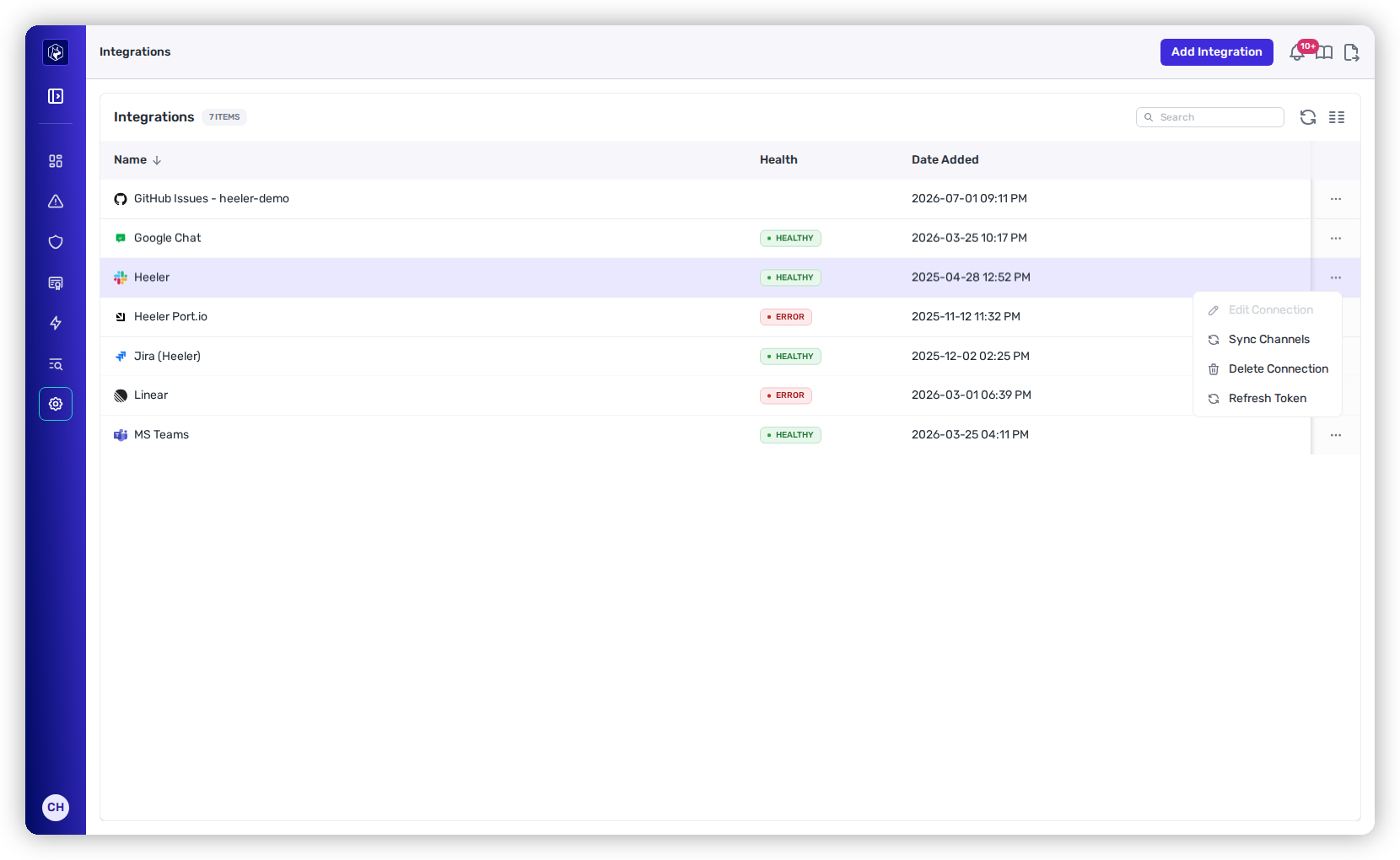 The row action menu on the Slack integration with the Refresh Token option.