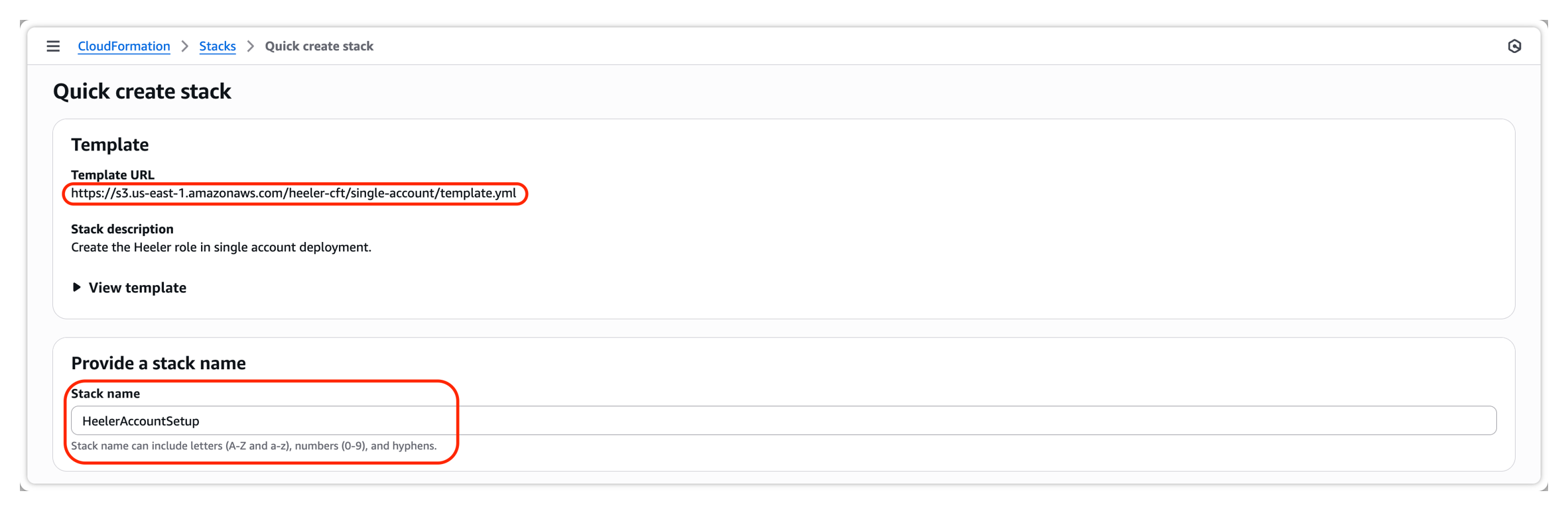The AWS CloudFormation Quick create stack page showing the single-account template URL and the HeelerAccountSetup stack name.