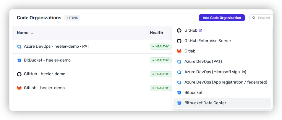 The Code Organizations settings page with the Add Code Organization button.