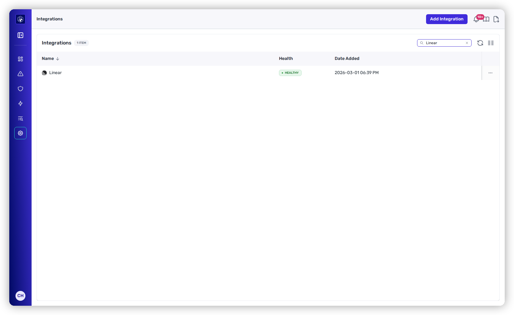 The Heeler Integrations list showing the Linear integration with a Healthy status.