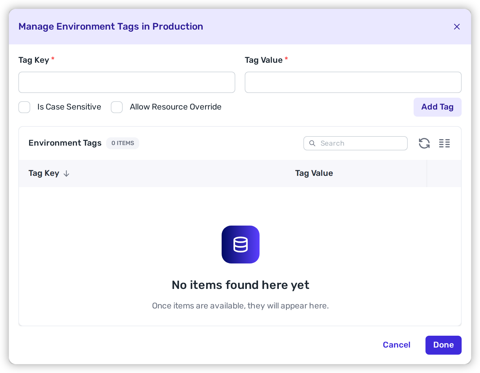 The Tags modal, with Allow Resource Override.