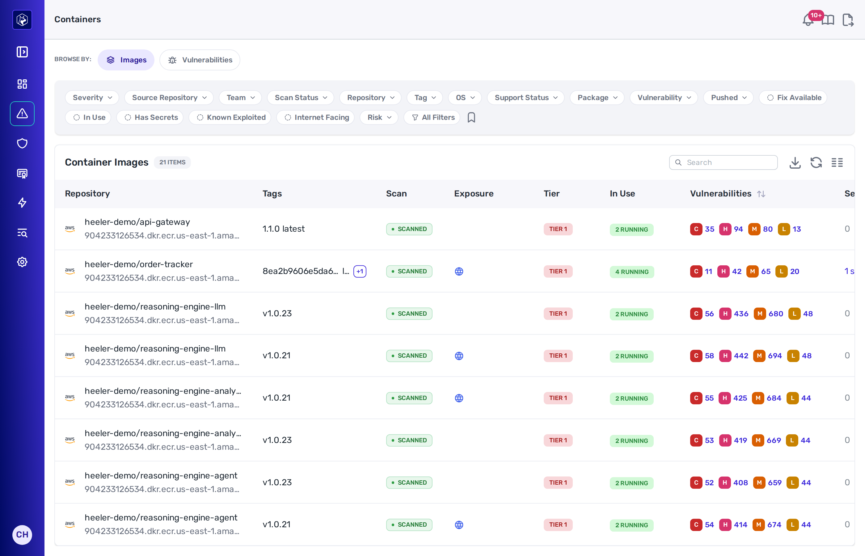 The Container Images listing, with the Browse By Images and Vulnerabilities pills above a two-row filter bar and a table showing Repository with its registry host, Tags, Scan, Exposure, Tier, In Use and per-severity vulnerability counts.