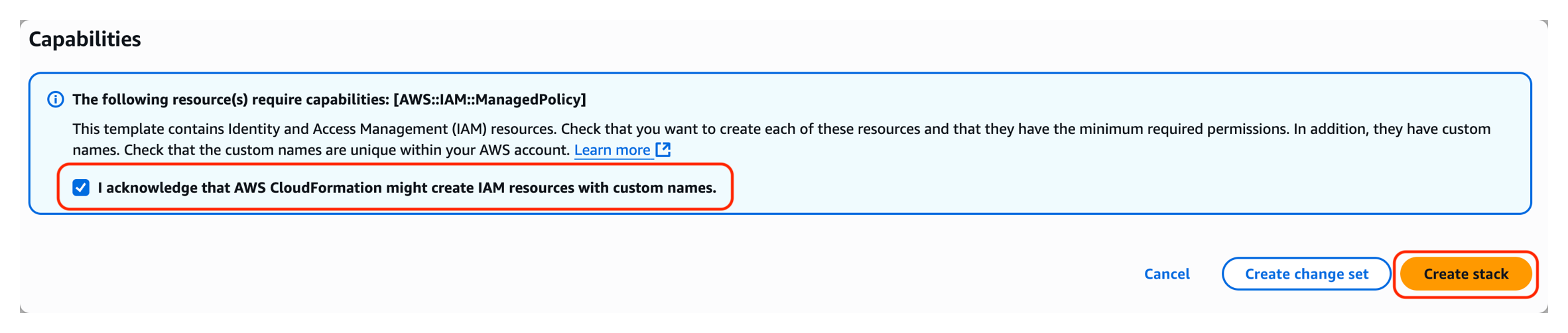 The CloudFormation Capabilities panel with the IAM resource acknowledgement checkbox selected and the Create stack button.