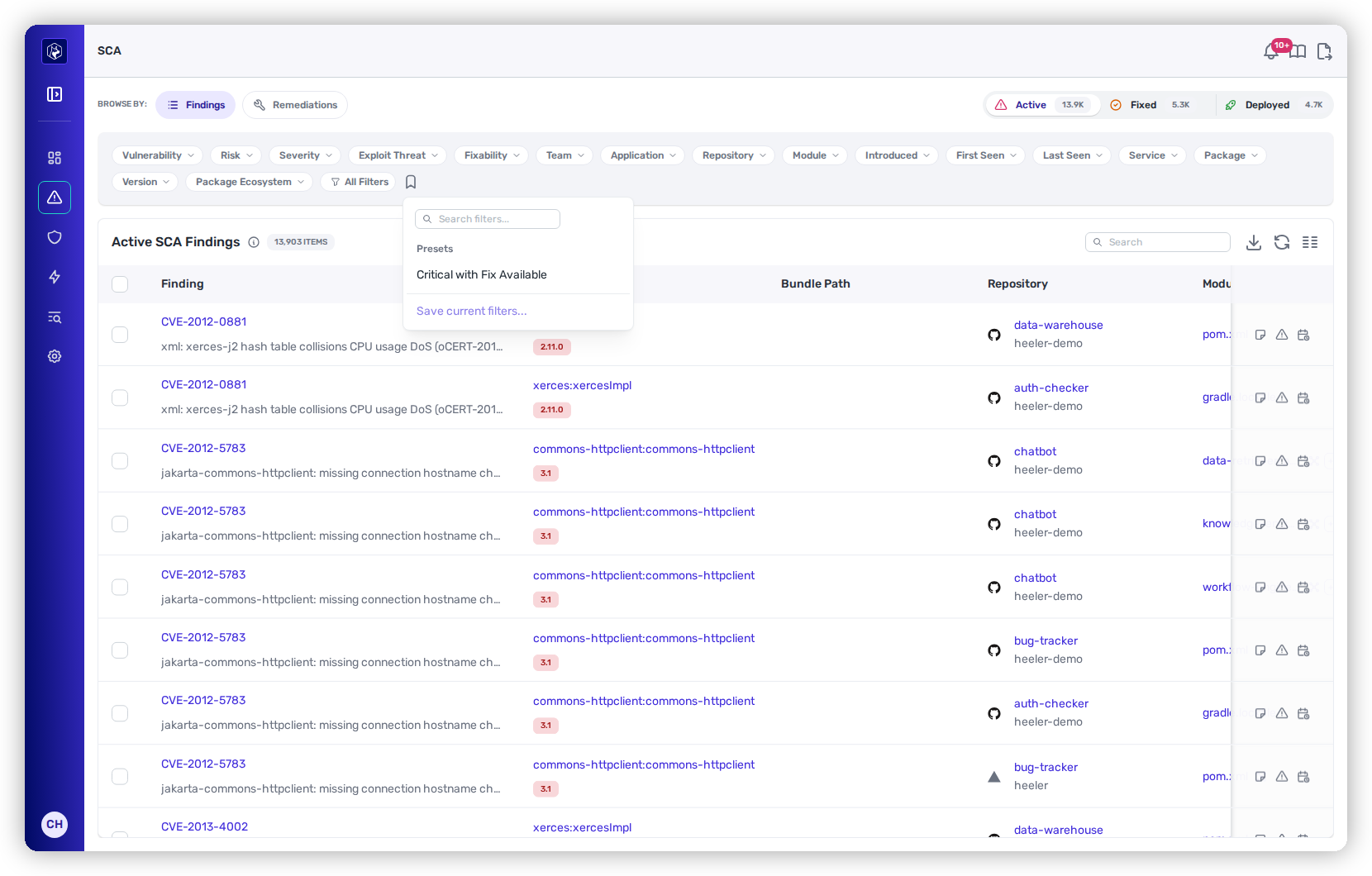 The Presets popover listing saved views with a Save current filters link.