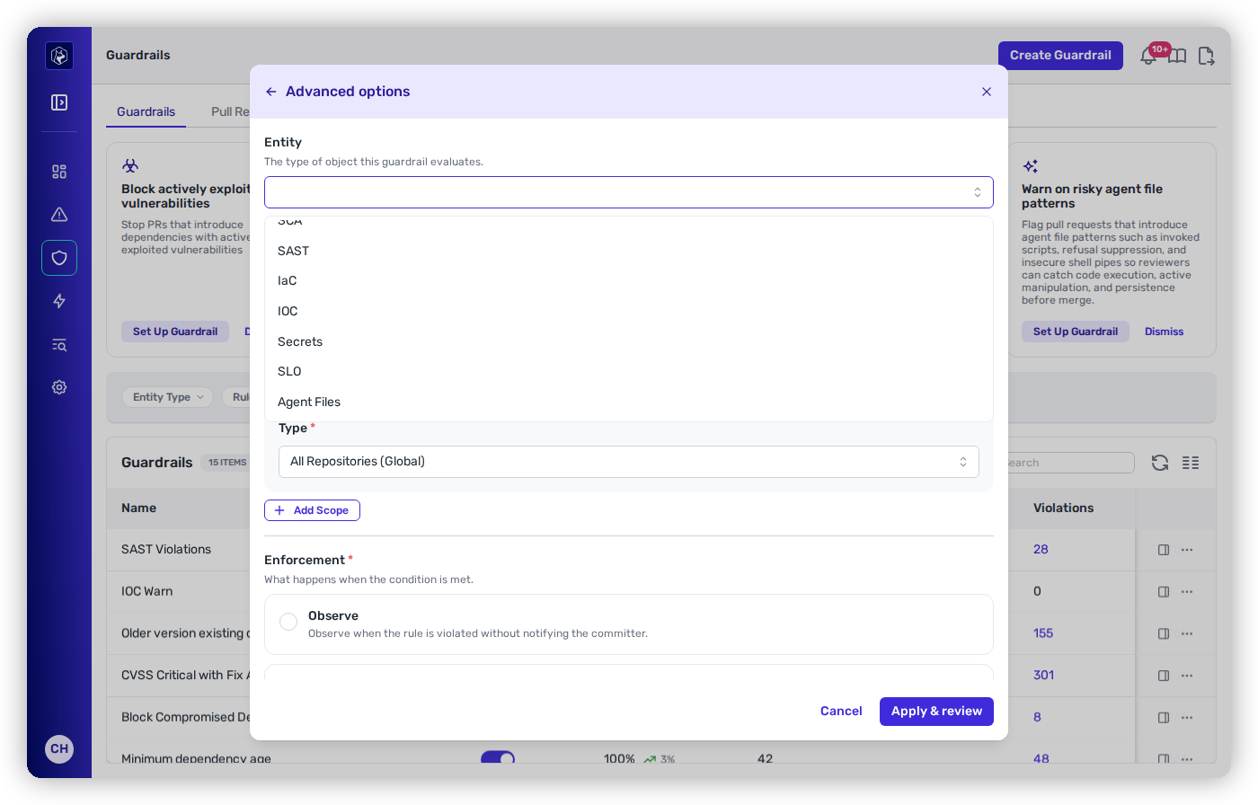 The Advanced options step of the guardrail builder with the Entity dropdown open. The dropdown offers seven entity types — SCA, SAST, IaC, IOC, Secrets, SLO, and Agent Files — and is scrolled to Agent Files.