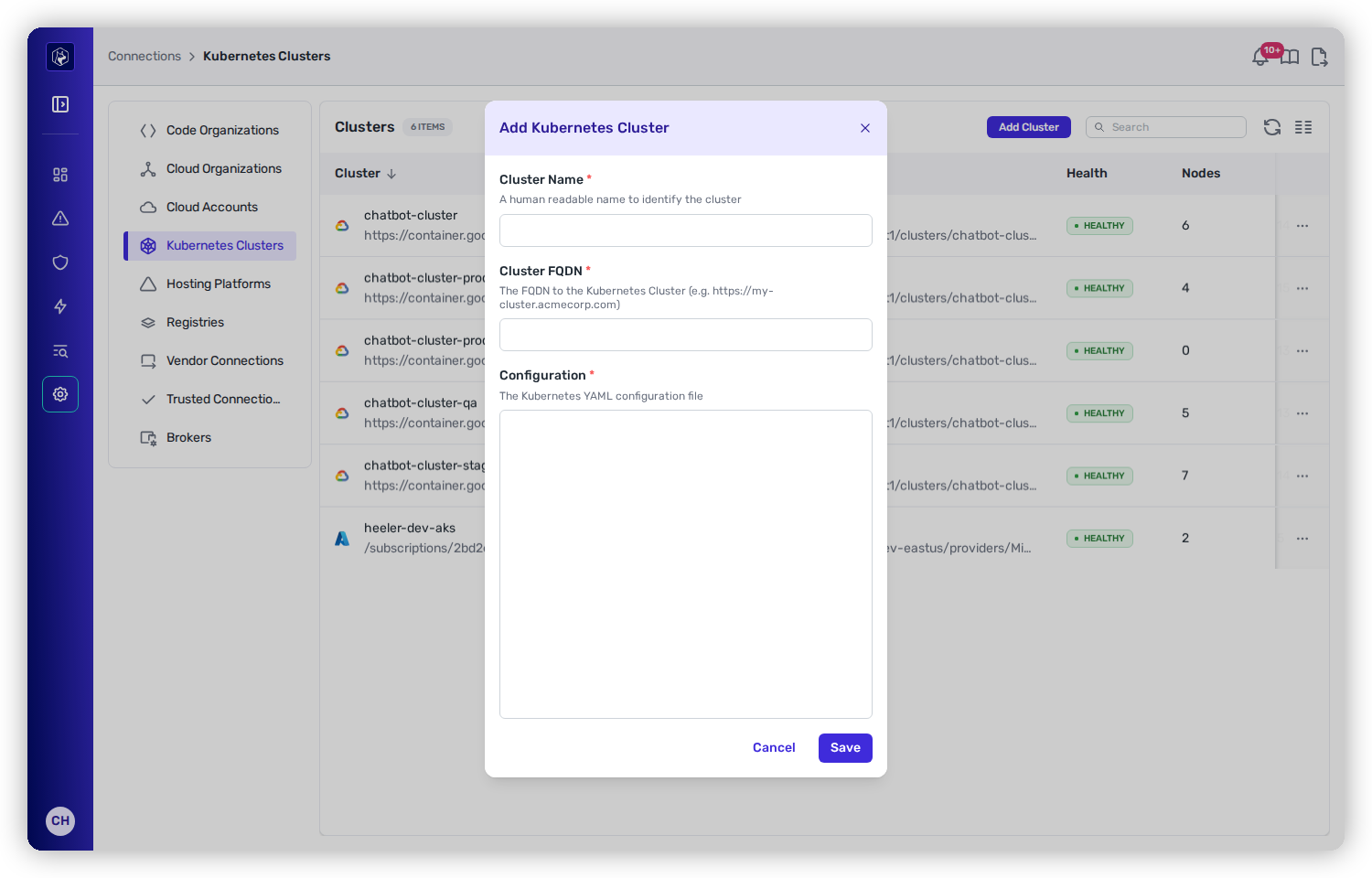 The Add Kubernetes Cluster modal with Cluster Name, Cluster FQDN, and Configuration (YAML) fields.