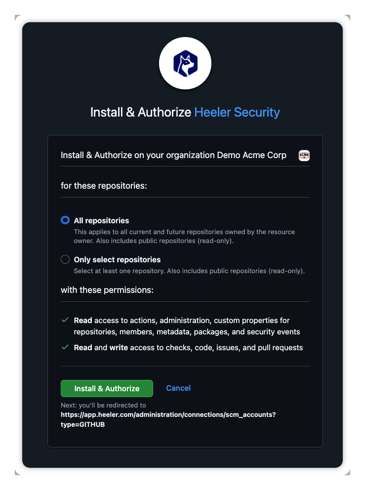 GitHub's Install & Authorize Heeler Security screen: All repositories vs Only select repositories, the requested read and read-write permissions, and the Install & Authorize button.