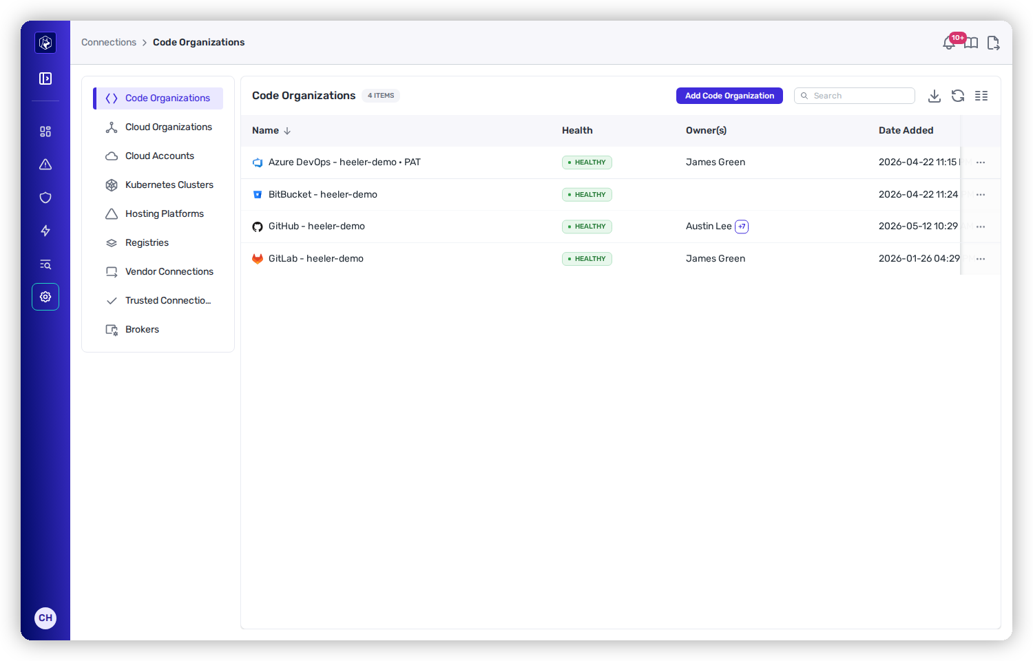 The Code Organizations page under Administration → Connections, listing connected GitHub, GitLab, Azure DevOps, and Bitbucket organizations, each showing a Healthy status.