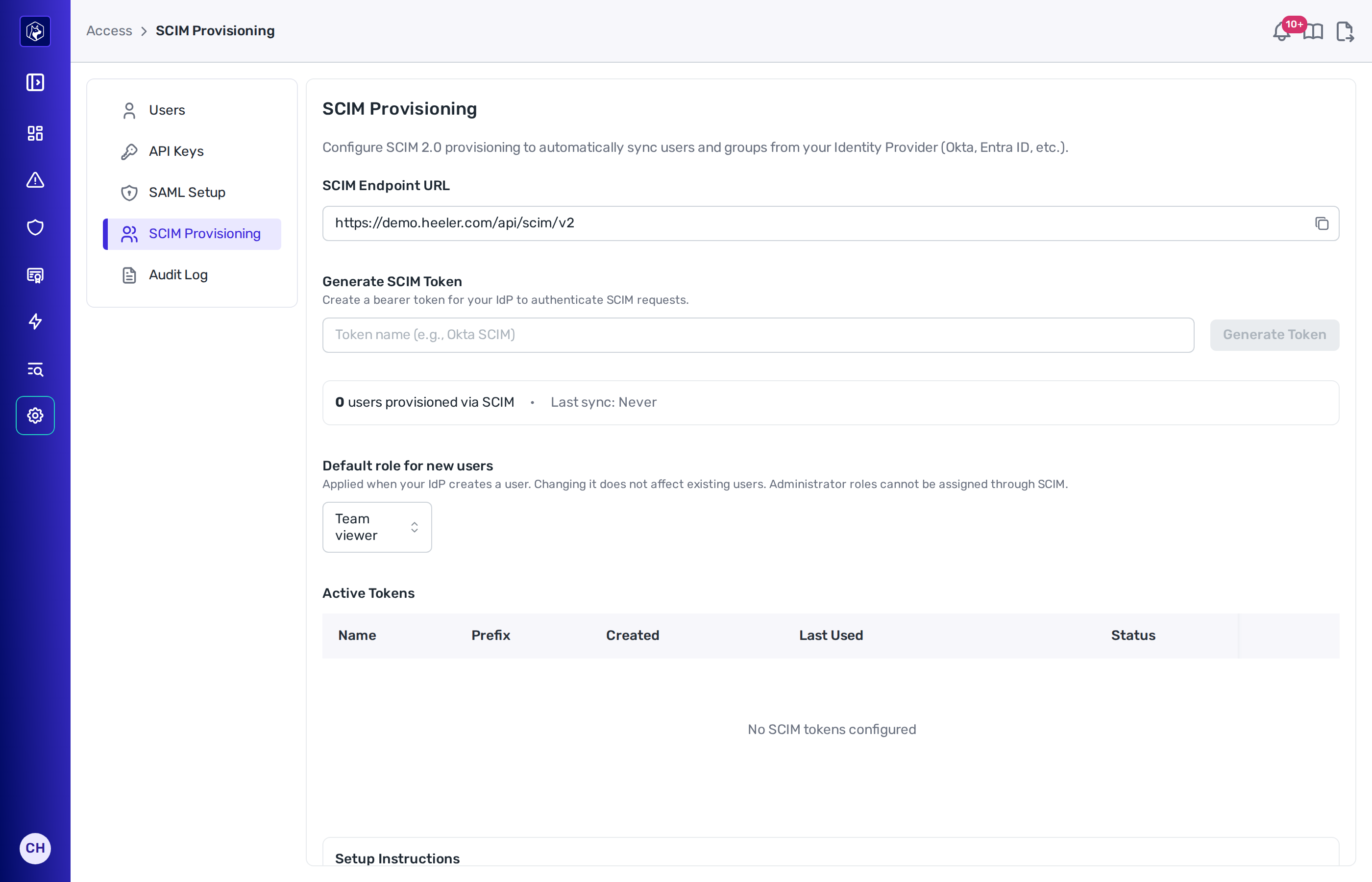 The SCIM Provisioning page showing the SCIM Endpoint URL, a Generate Token control, the Default role for new users picker, an Active Tokens table, and setup instructions for Okta and Entra ID.