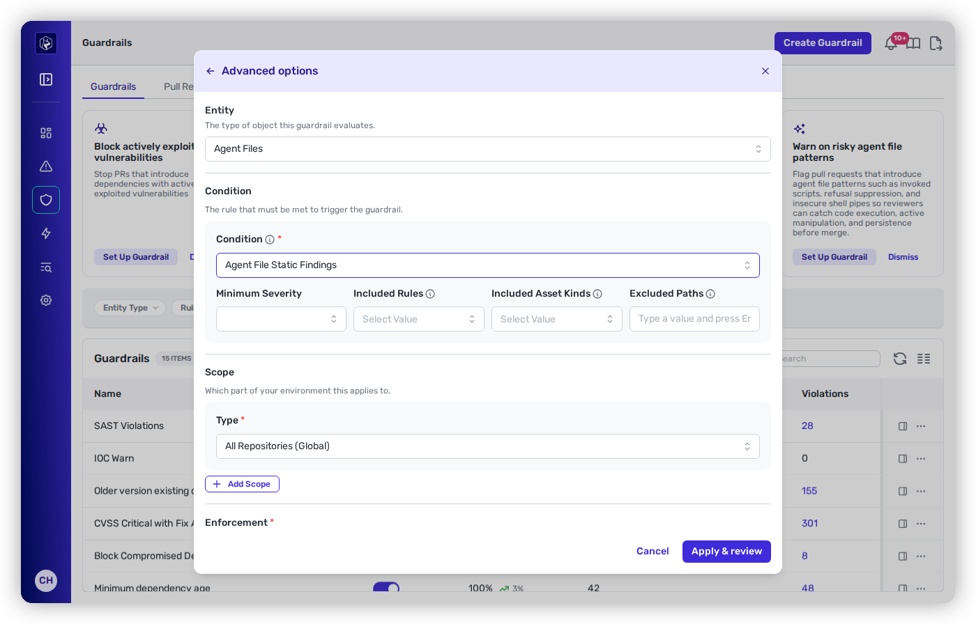 The Advanced options step with Entity set to Agent Files and Condition set to Agent File Static Findings, showing the Minimum Severity, Included Rules, Included Asset Kinds, and Excluded Paths fields.
