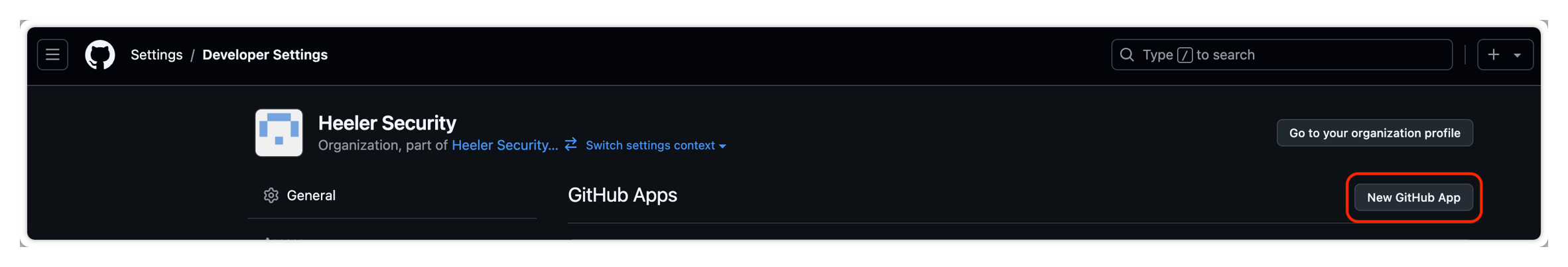 The GitHub Apps page in GHES Developer settings with New GitHub App.