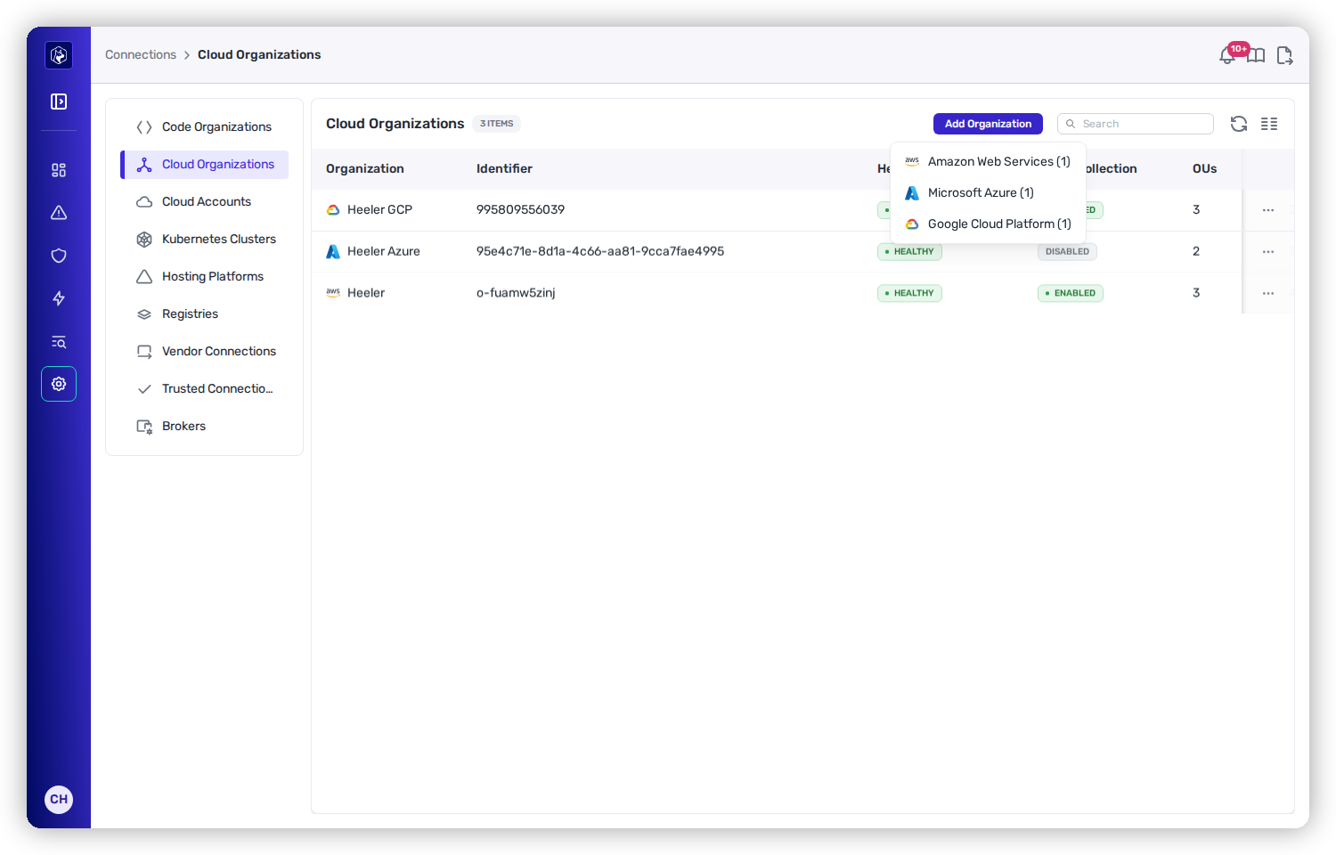 Cloud Organizations under Administration → Connections, listing connected AWS, Azure, and GCP organizations, with the Add Organization menu open showing Amazon Web Services, Microsoft Azure, Microsoft Azure — federated identity (no secret), and Google Cloud Platform.