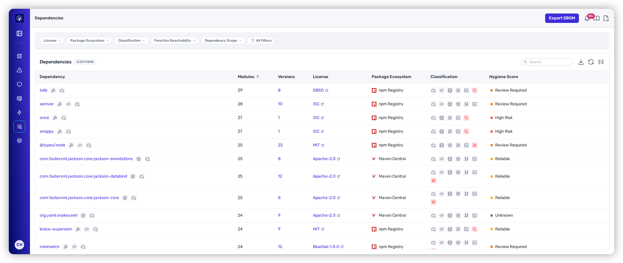 The Dependencies inventory with license, ecosystem, classification, and hygiene score.