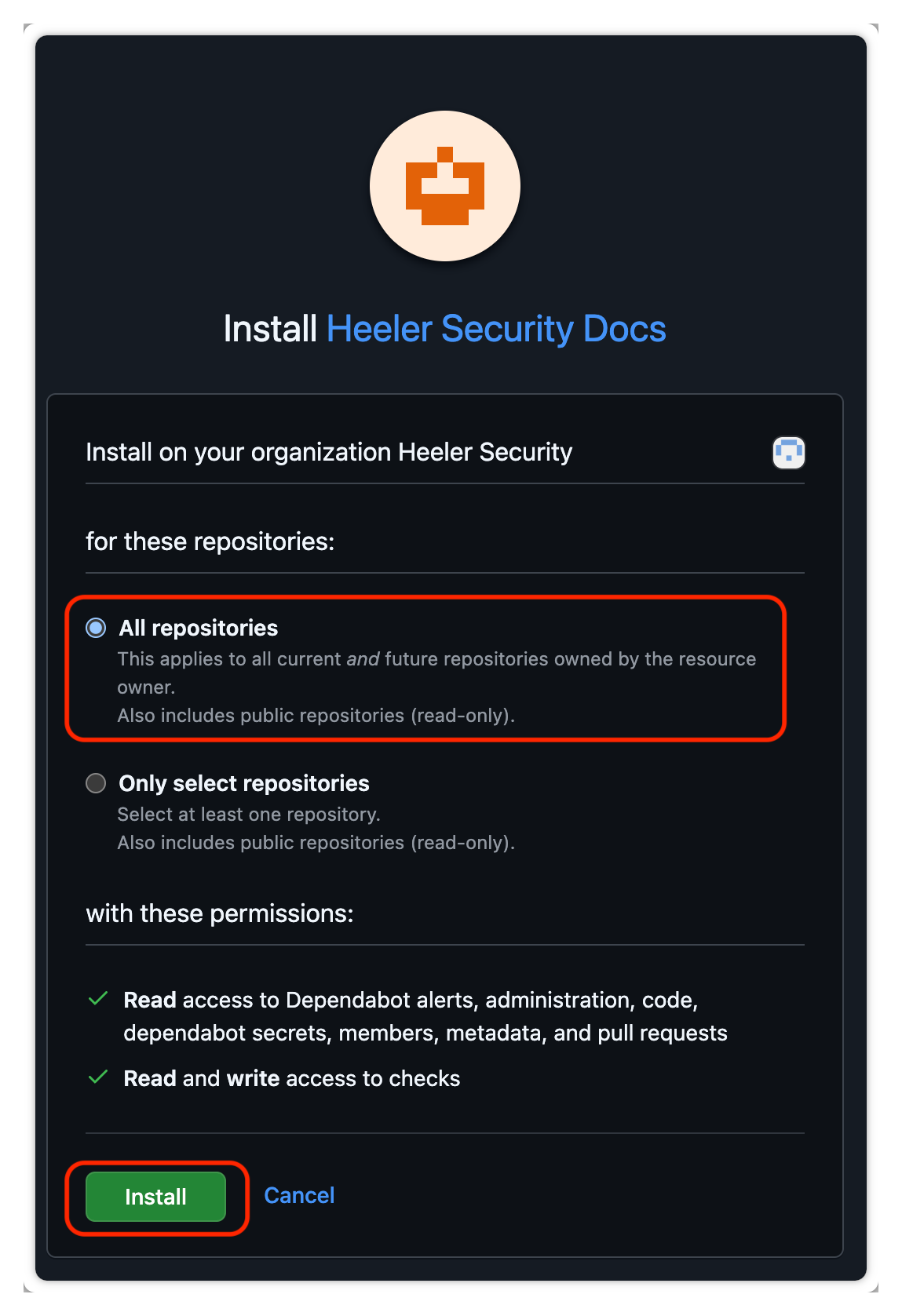 Selecting All repositories for the App installation, with Install.