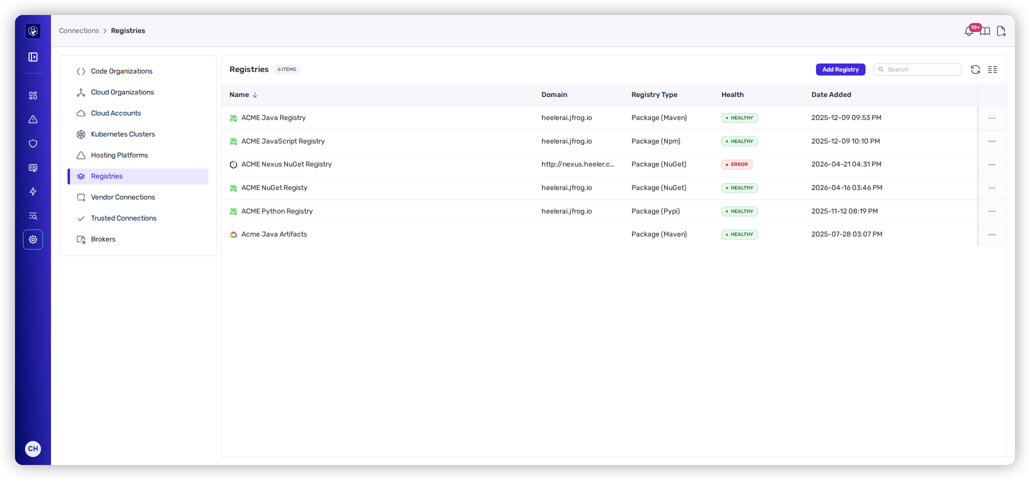 The Registries list showing package registries (Maven, Npm, NuGet, Pypi) with their domain, registry type, and Health.