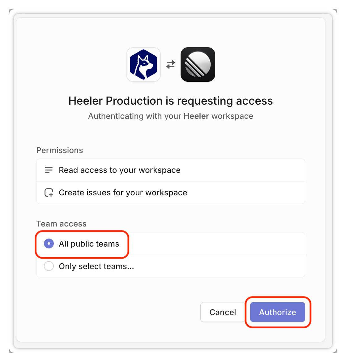 Linear's authorization screen scoping Heeler's access to the workspace, with the Authorize button.