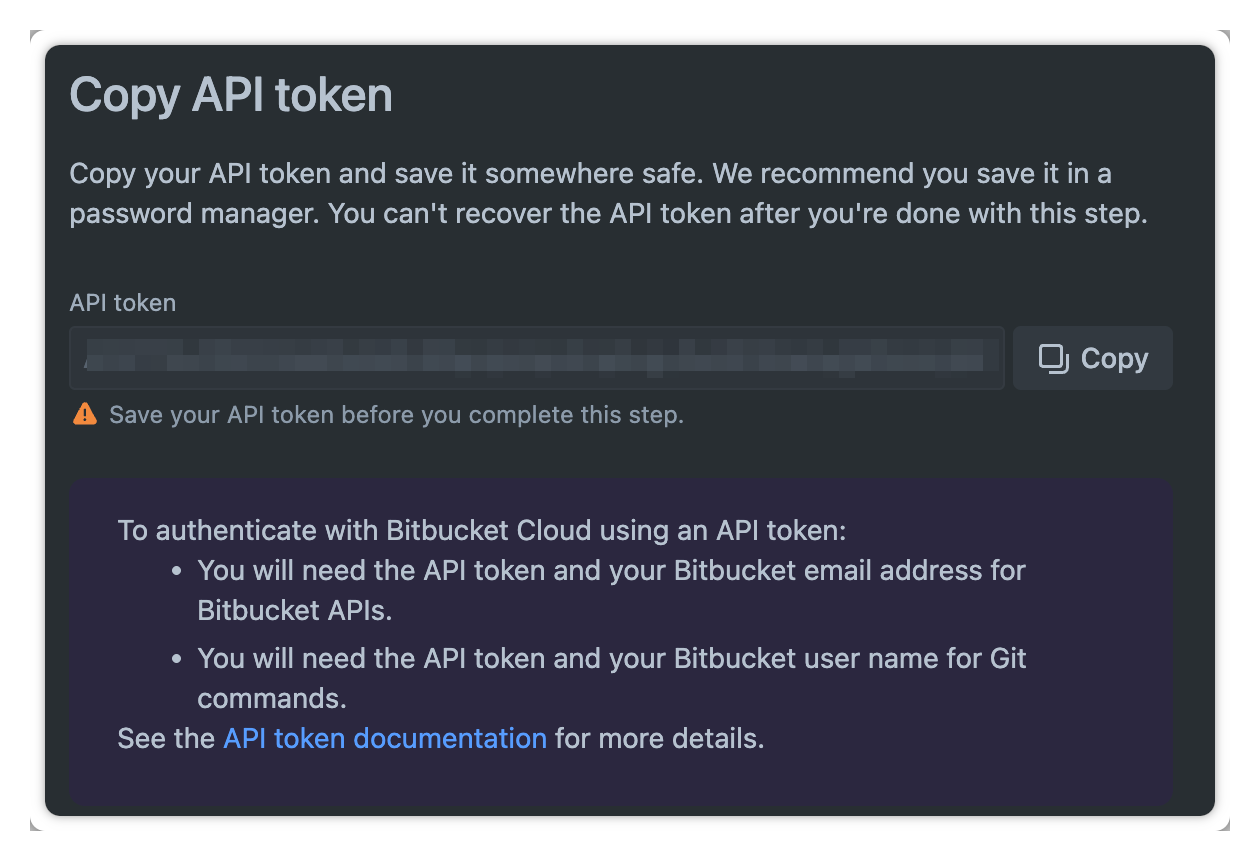 Copying the generated Bitbucket API token.