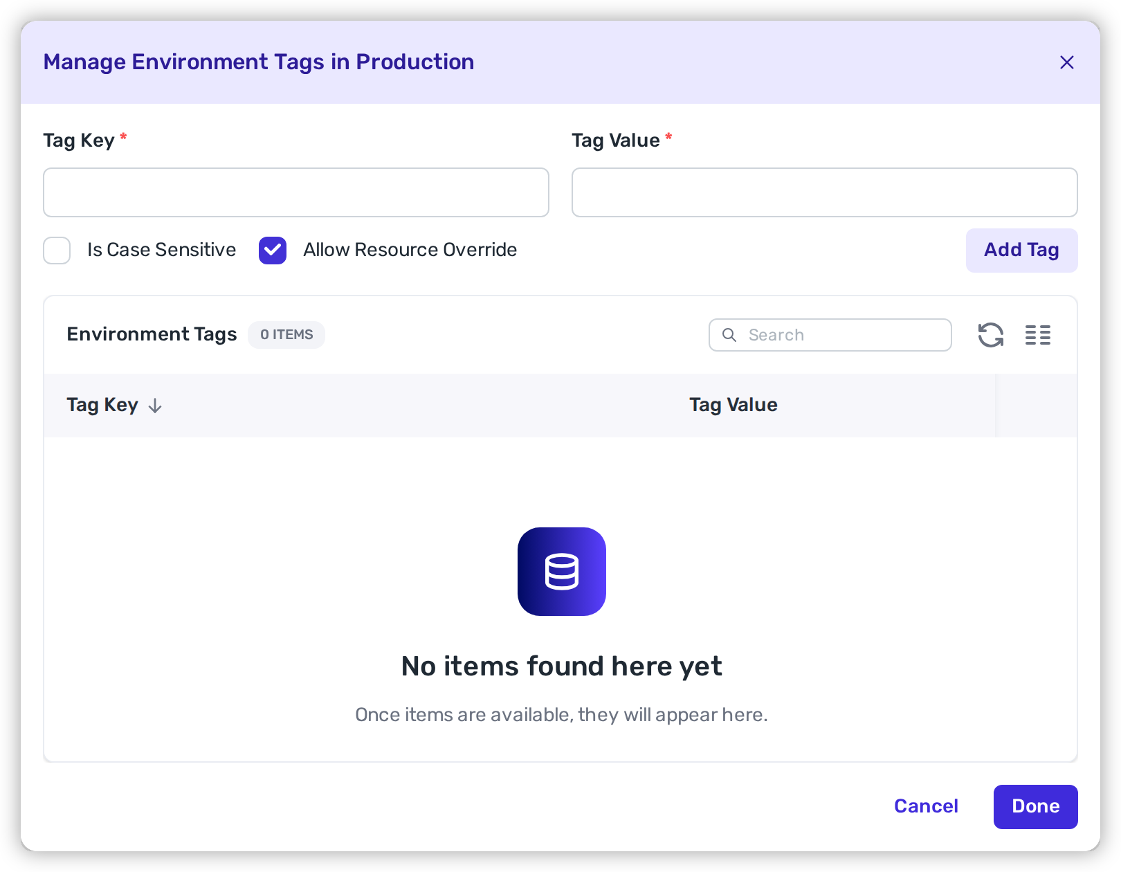 The environment Tags modal with the Allow Resource Override checkbox enabled.