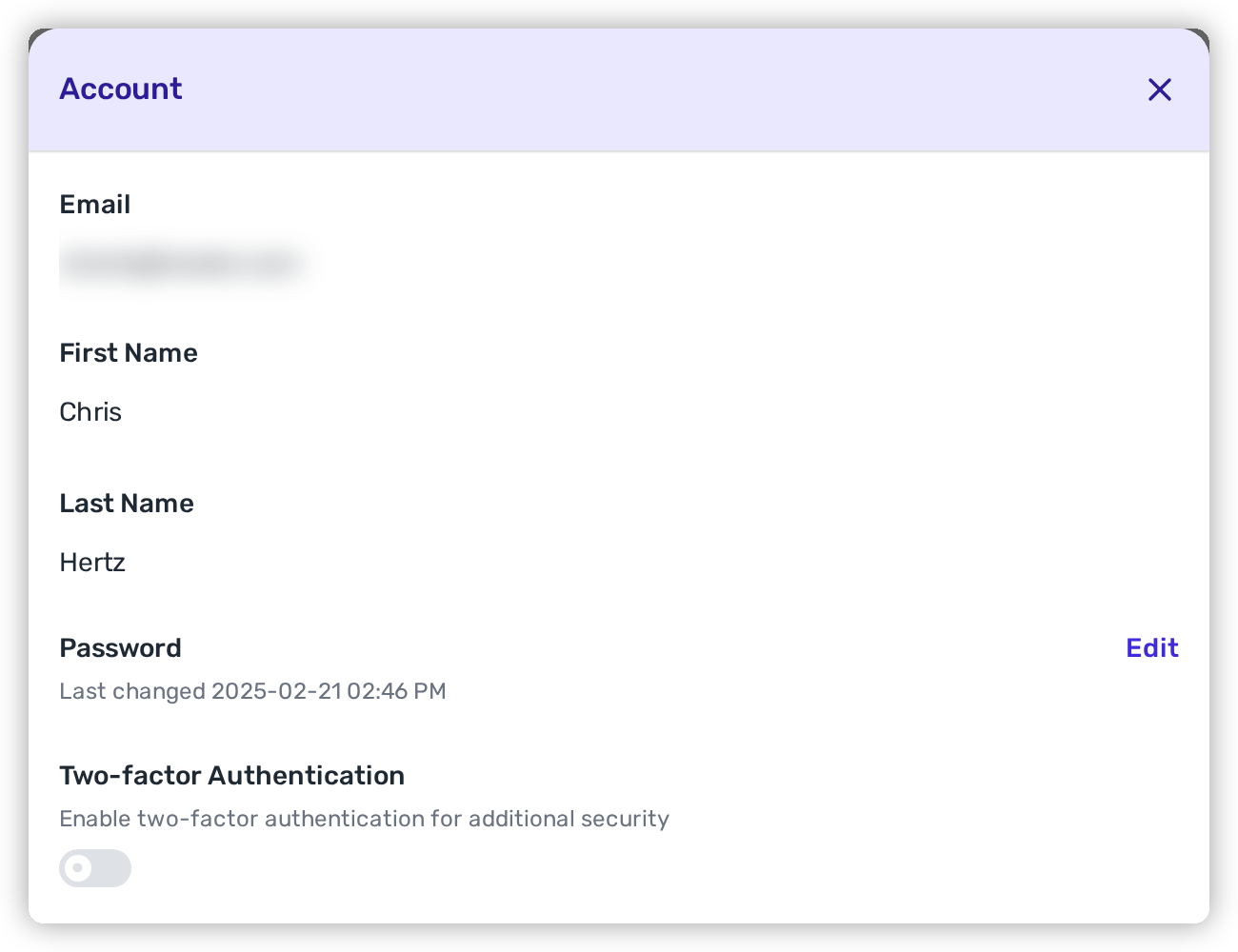 The Account panel showing the Password Edit link and the Two-factor Authentication toggle.
