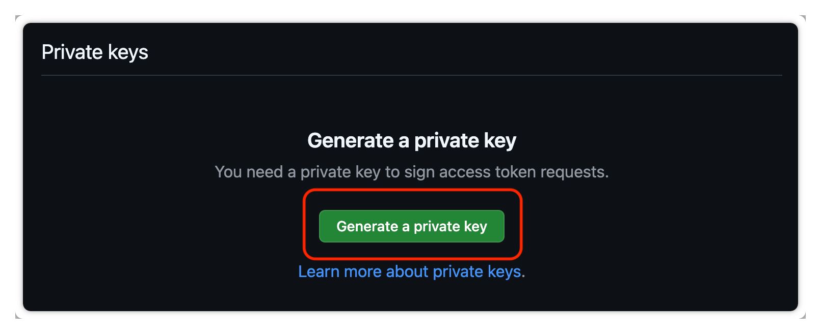 The Private keys section with Generate a private key.
