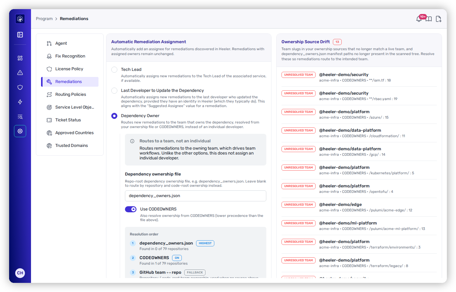 The Automatic Remediation Assignment card offering Tech Lead, Last Developer to Update the Dependency, and Dependency Owner options.