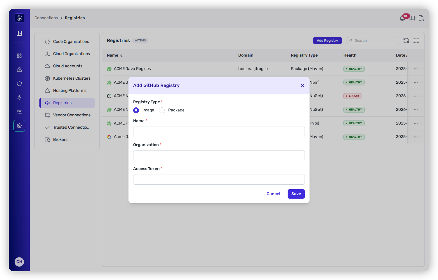 The Add Registry modal for GitHub with Registry Type set to Image, and Name, Organization, and Access Token fields.