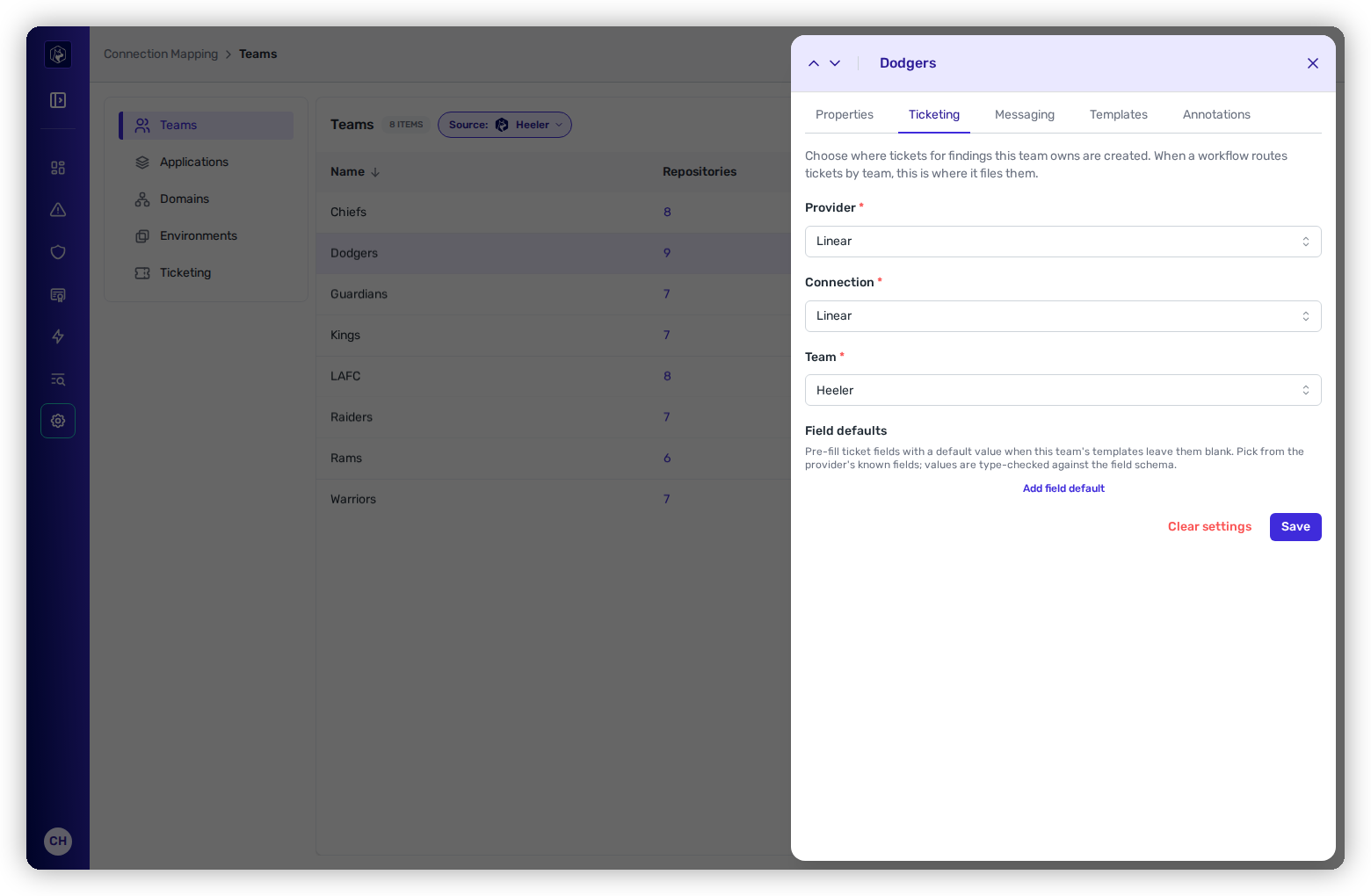 A team drawer's Ticketing tab configured for Linear, with Provider, Connection, and Linear Team set.