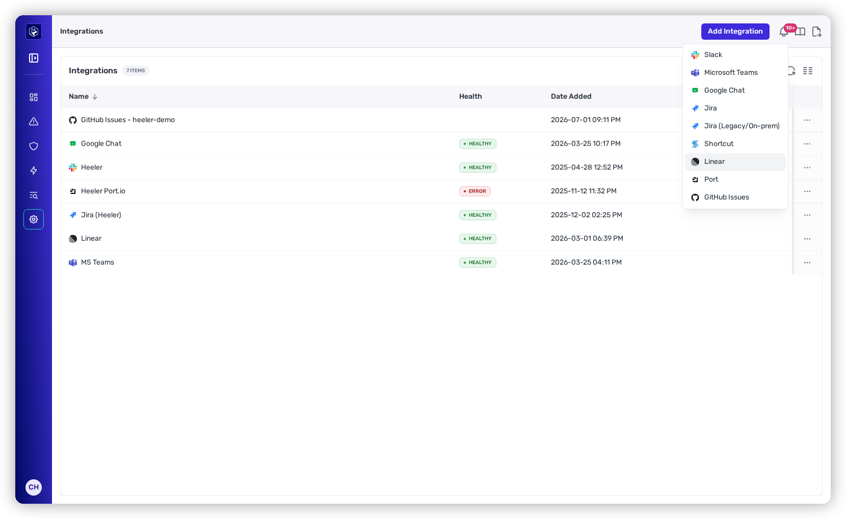 The Add Integration menu in Heeler with Linear selected.