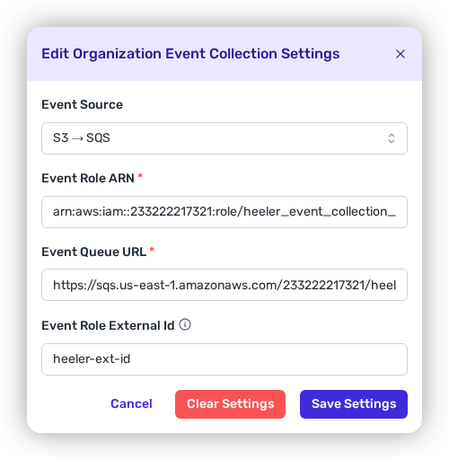 The Edit Organization Event Collection Settings modal in Heeler with Event Role ARN, Event Queue URL, and Event Role External Id fields.