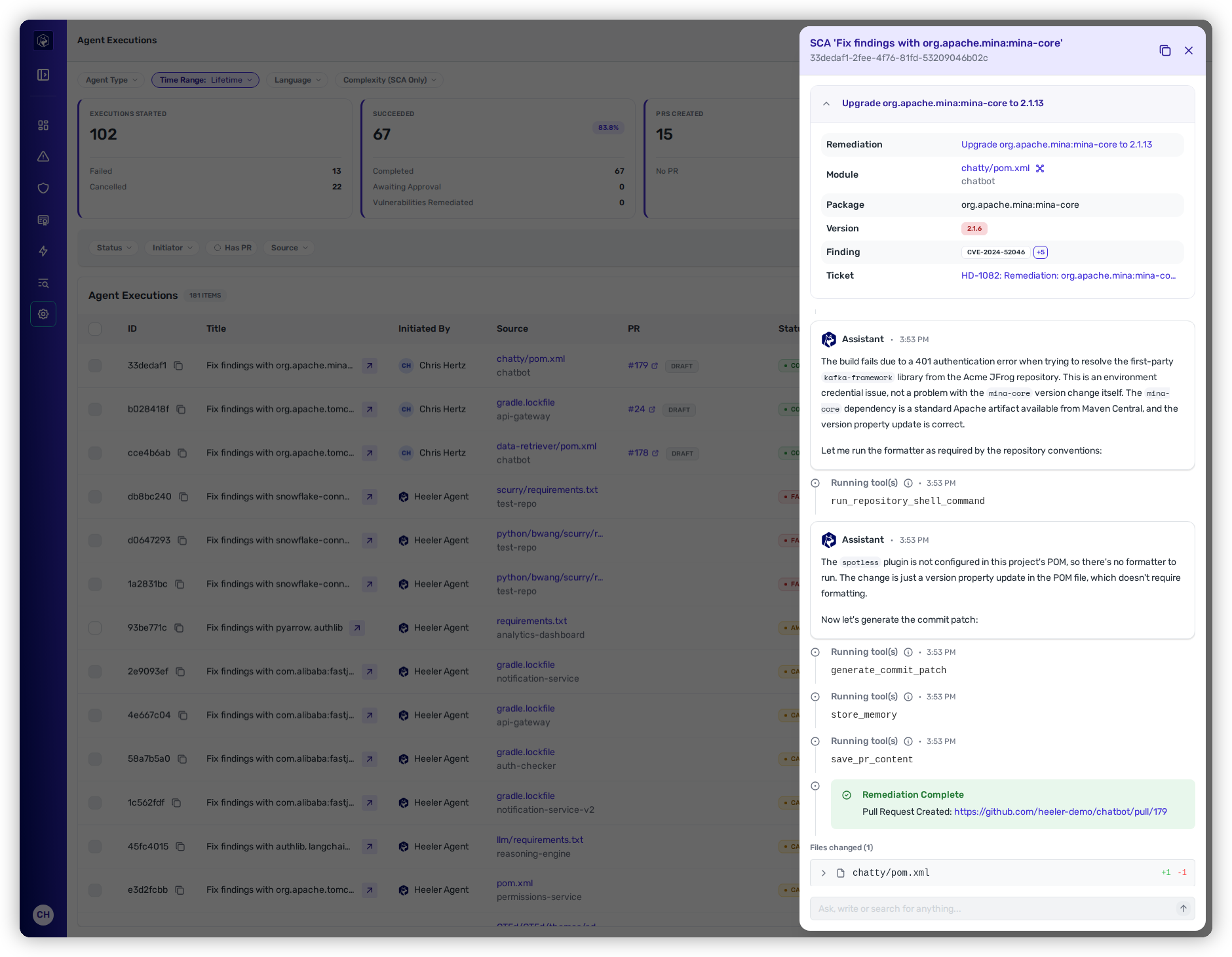 An agent execution drawer: the remediation card naming the package, the version being upgraded, the CVEs it resolves and the linked ticket, then the agent's reasoning, the tools it ran, a Remediation Complete banner with the pull-request link, and the file it changed.