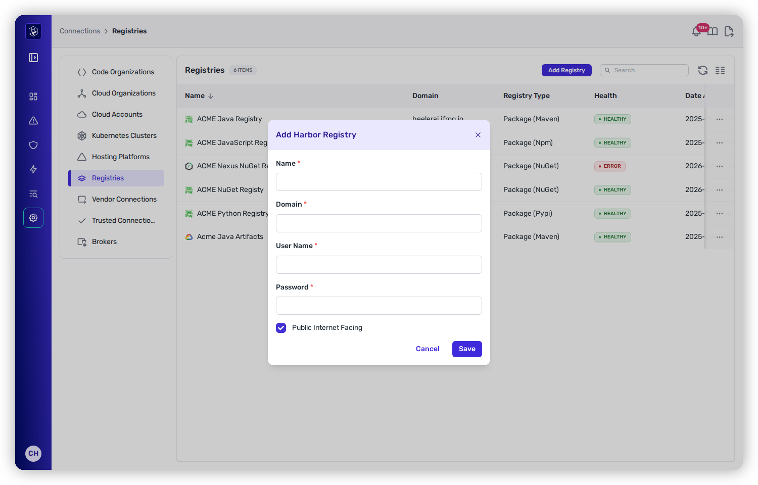 The Add Registry modal for Harbor, showing Name, Domain, User Name, and Password fields.