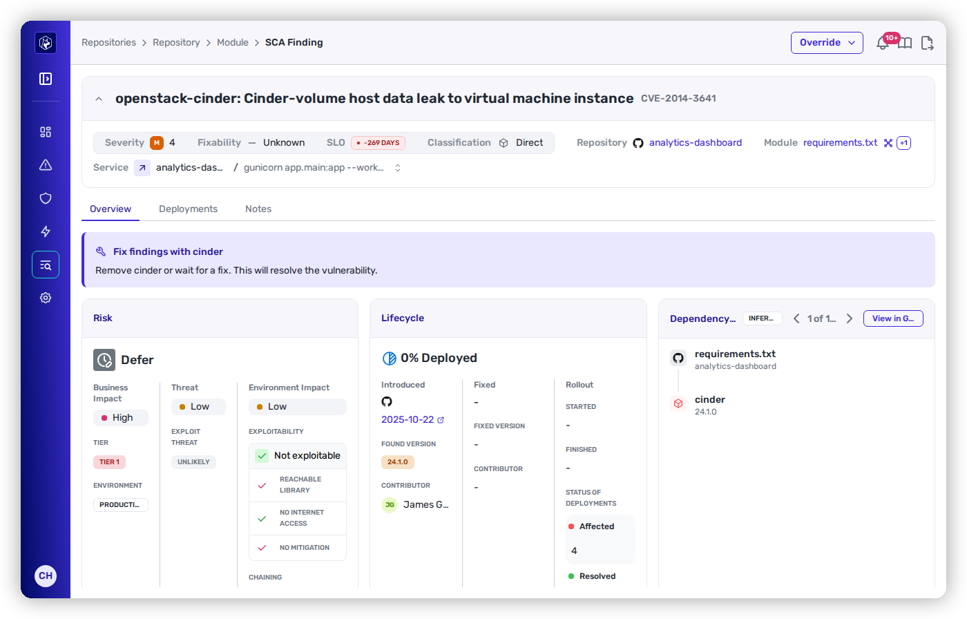 An SCA finding's Risk panel showing Defer: Business Impact High (Tier 1, Production), Threat Low, Environment Impact Low with Exploitability 'Not exploitable' and 'No internet access'.