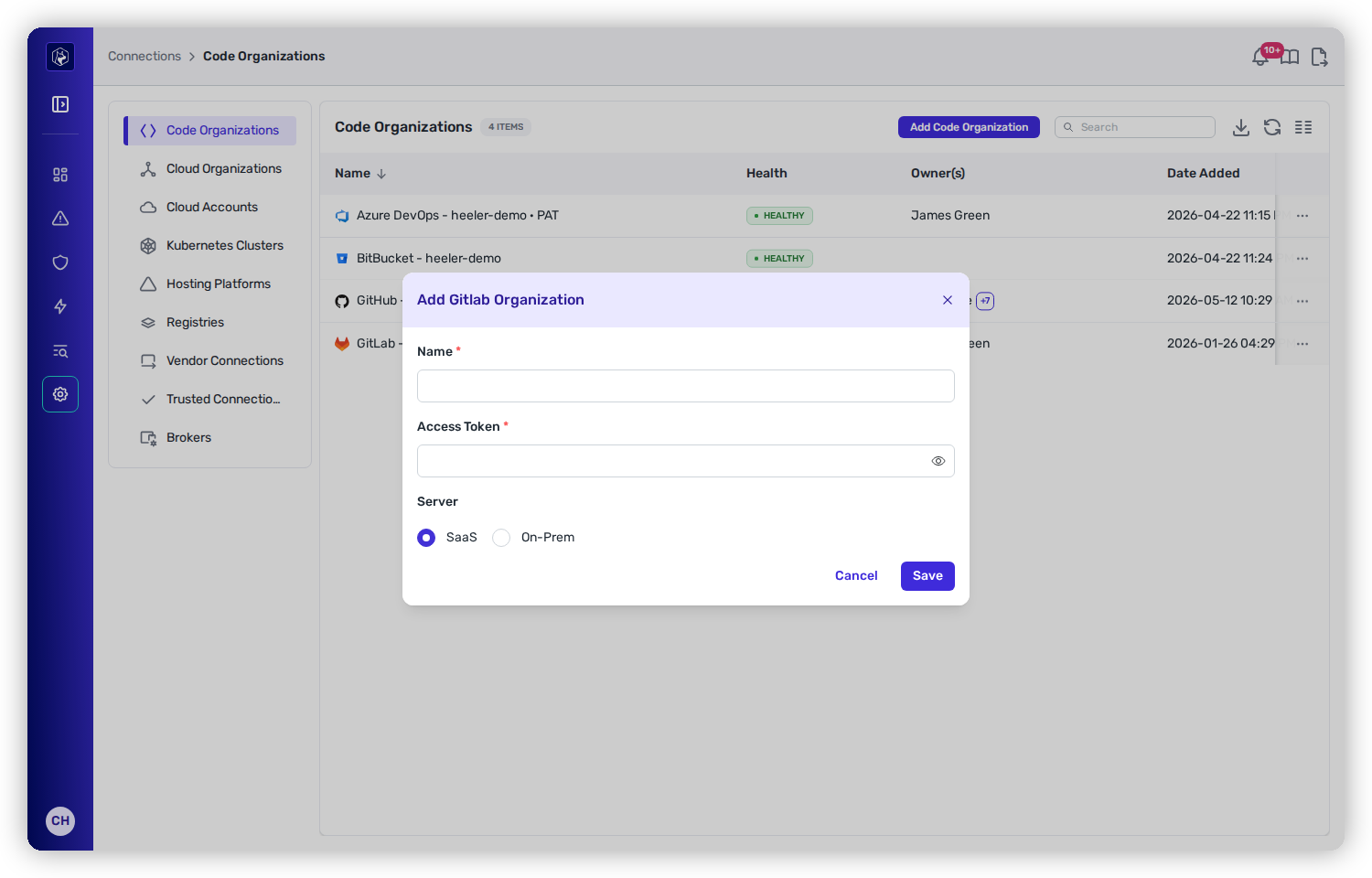 The Add Gitlab Organization modal with Name, Access Token, and a SaaS / On-Prem server selector.