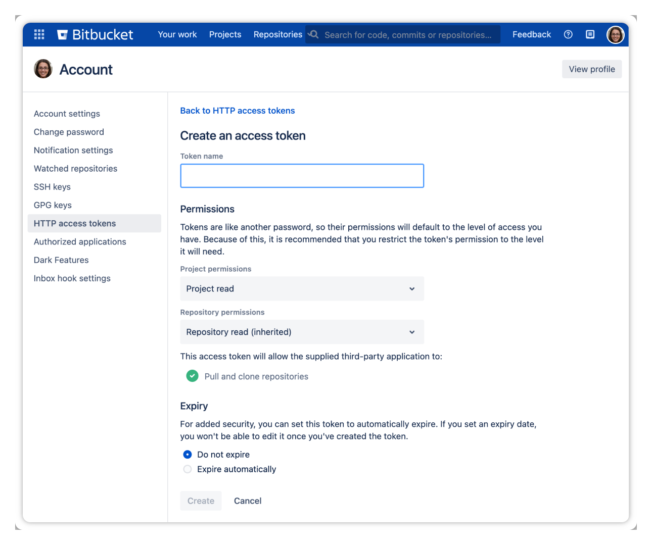 The Bitbucket Data Center HTTP access token creation screen with Project Read and Repository Read permissions.